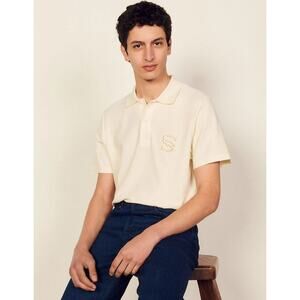 SANDRO Embroidered Men’s Cotton Polo Shirt Cream Size Large Minimalist Designer